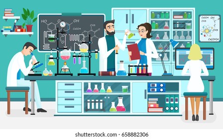 Laboratory People Assistants Working In Scientific Medical Biological Lab. Chemical Experiments. Cartoon Vector Illustration.