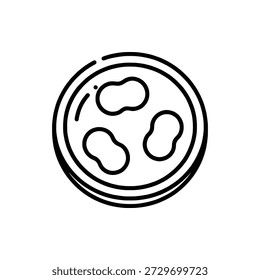 A laboratory petri dish viewed from above containing three rounded organic bacterial or fungal colonies