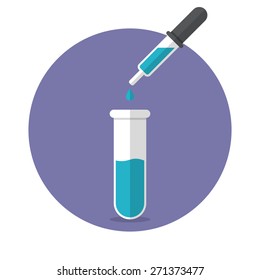 Laboratory pipette with drop of liquid over glass test tubes for a scientific experiment, flat design, vector illustration