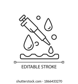 Laboratory pipette linear icon. Chemical droppers. Liquid handling tasks. Chemistry, biology. Thin line customizable illustration. Contour symbol. Vector isolated outline drawing. Editable stroke