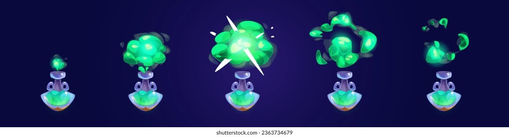 Laboratory potion bottle animation cartoon game icon. Chemical witch flask explosion isolated ui set. Sequence sprite design of alchemy fluid antidote evaporation. Medication toxic jar smoke assets