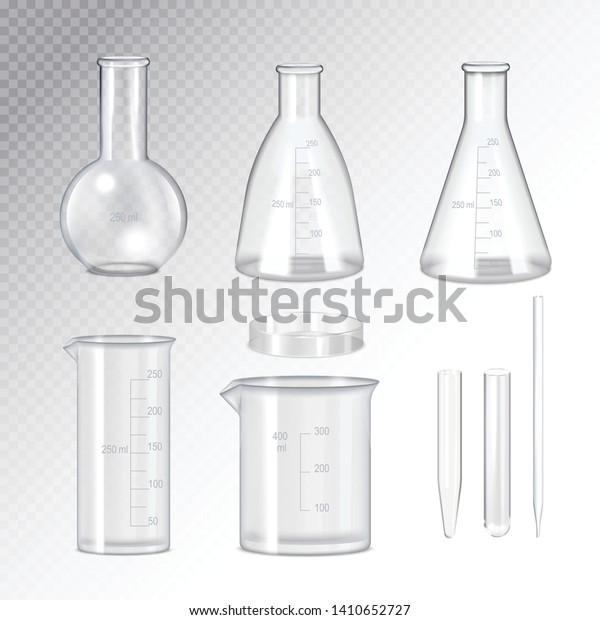 試験管フラスコの透明な背景に研究室品質の科学用ガラスウェアコレクションのリアルなセットと 分離型ベクターイラスト のベクター画像素材 ロイヤリティフリー