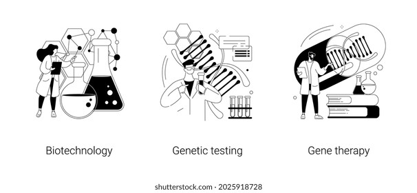 Laboratory Research Abstract Concept Vector Illustration Set. Biotechnology, Genetic Testing And Gene Therapy, Biotech Company, DNA Ancestry Test, Human Genome, Immunotherapy Abstract Metaphor.