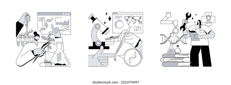 Laboratory Research Abstract Concept Vector Illustration Set. Biotechnology, Genetic Testing And Gene Therapy, Biotech Company, DNA Ancestry Test, Human Genome, Immunotherapy Abstract Metaphor.