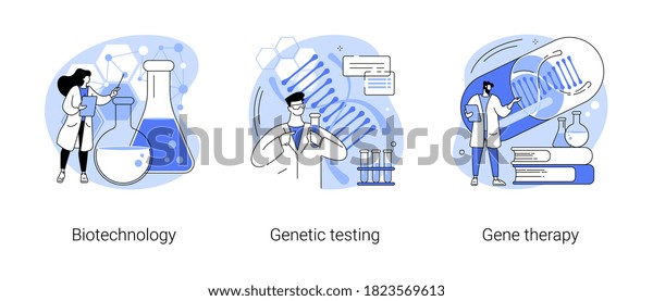 Laboratory research abstract concept vector\
illustration set. Biotechnology, genetic testing and gene therapy,\
biotech company, DNA ancestry test, human genome, immunotherapy\
abstract metaphor.