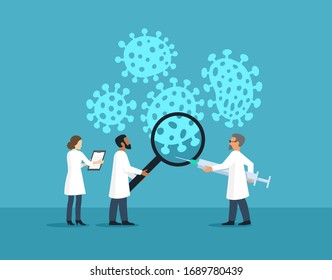 Laboratory research aimed at finding a vaccine against virus - group of medical scientists trying to investigate dangerous virus bacteries - flat cartoon illustration