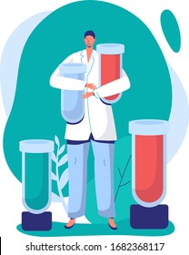 Laboratory research analysis, online medical, male characters concept and flat vector illustration on white background. Research fellow. Design web banner, medical examination, observation.