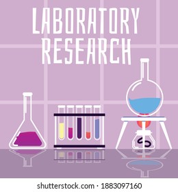 Banner de investigación de laboratorio o plantilla de afiche con diversos frascos químicos y equipo para pruebas y experimentos, ilustración plana de vectores de dibujos animados sobre fondo morado.