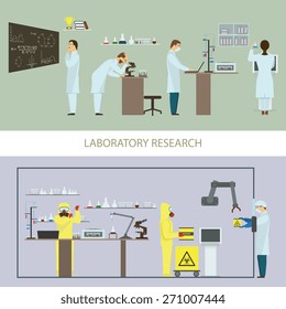 Laboratory Research by Group of Scientists. Vector Illustration.