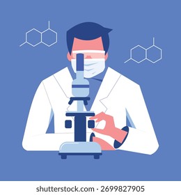 Pesquisa de laboratório através de um microscópio. Biotecnologia. Ilustração de ações