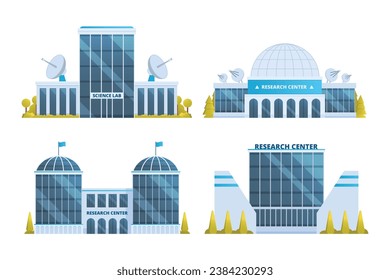 laboratory, research center or lab building vector illustration collection. Flat design front view concept for city illustration