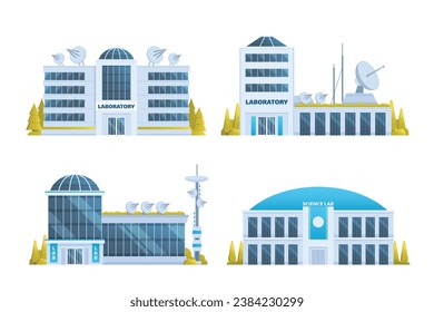 laboratory, research center or lab building vector illustration collection. Flat design front view concept for city illustration