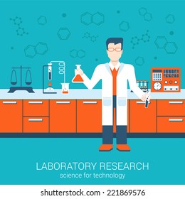 Laboratory research chemical flat style design vector illustration science for technology concept. Collage of laboratory staff with flask interior infographics. Big flat conceptual collection. 