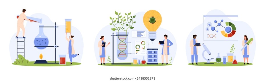 Laboratory research in chemistry and genetics, biotechnology set. Tiny people growing plant in test tube with DNA, scientific experiment with chemical liquid in beaker cartoon vector illustration