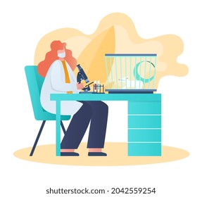 laboratory research concept. Female scientist conducts experiment on rat and studies results. Uniformed employee look through microscope. Cartoon flat vector illustration isolated on white background