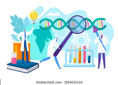Laboratory research concept, vector illustration. Science, chemistry, biology, pharmacy and scientists researchers with pipette and flask making test in clinical laboratory. Dna formula researching.
