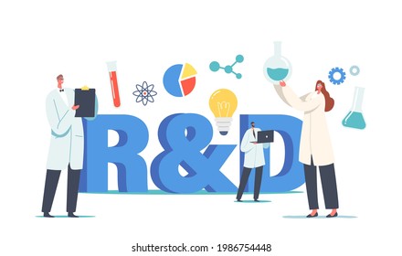 Concepto de investigación y desarrollo de laboratorio. Investigaciones de la tecnología de la medicina, personajes científicos trabajando en laboratorio con vasos, tubos de prueba y equipo. Ilustración de vectores de personas de caricatura