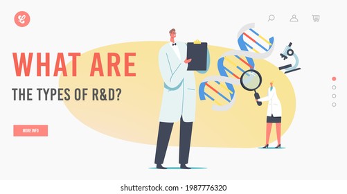 Laboratory Research and Development Landing Page Template. Medicine Technology Genetic Test. Scientists Characters Working with Dna Looking through Magnifying Glass. Cartoon People Vector Illustration