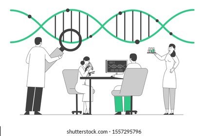 Laboratory Research or Experiment Process. Medicine Genetic Technology. Scientists Working with Dna Structure Looking to Magnifying Glass Making Notes on Pc. Cartoon Flat Vector Illustration, Line Art