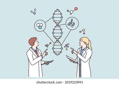 Laboratory research and genetic engineering concept. Young scientists woman and man cartoon characters standing communicating about science research in flask together vector illustration 