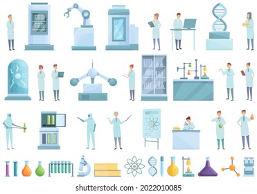 Laboratory research icons set cartoon vector. Science dna. Chemistry medicine