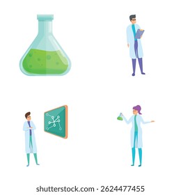 Laboratory research icons set cartoon vector. Scientist people making research. Technology, science, education