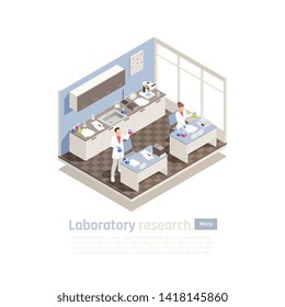 Laboratory research isometric composition with scientists inventing and testing cosmetology products vector illustration 