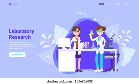 Laboratory research landing page concept. Flat vector illustration for web site, banner, hero image. Laboratory research, medical laboratory, chemical lab, biological study.