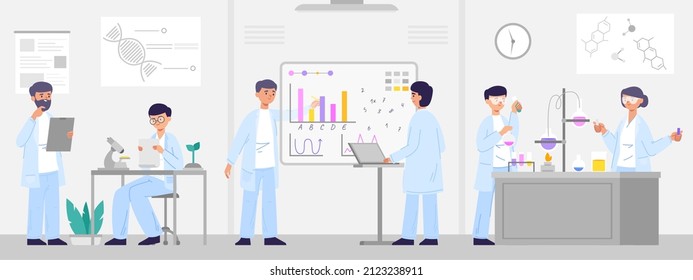 Laboratory research, medical innovation workers, biotech experiment concept. Doctor conducts study in laboratory vector illustration. Microbiology or chemical research, characters scientists