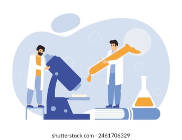 Laboratory research, medical innovation workers. Men in uniform doing experiment at lab. Male character dropping liquid and checking under microscope. Chemical analysis at workplace vector