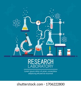 Laboratory Research. Medical Research. Testing of vaccine. Vaccine of coronavirus .Chemists scientists equipment. Vector illustration