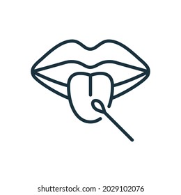 Laboratory Research of Mouth Saliva Swab Line Icon. Dna Test for Paternity Linear Pictogram. Coronavirus Analysis of Buccal Cell Outline Icon. Editable Stroke. Isolated Vector Illustration.