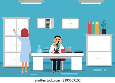 Laboratory research room interior with working scientist
