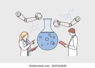 Laboratory research and science concept. Young scientists woman and man cartoon characters standing communicating about science research in flask together vector illustration 