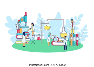 Laboratory research science vector illustration. Group scientist doctors character on enlarged cones, microscope, book and medical reference. Team work with chemical fluid in cartoon flask.