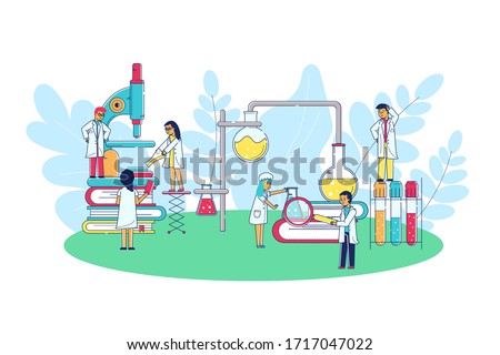 Laboratory research science vector illustration. Group scientist doctors character on enlarged cones, microscope, book and medical reference. Team work with chemical fluid in cartoon flask.