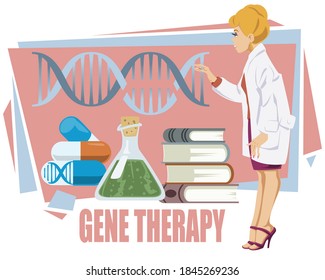 Laboratory research. Scientist character at work. Gene therapy. Illustration for internet and mobile website. 