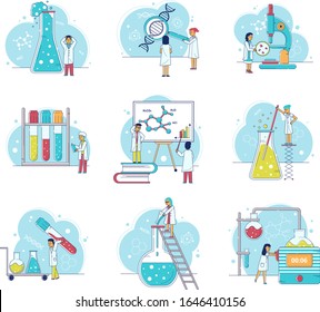 Laboratory research with scientists man and woman, microscope, flasks, people in chemistry lab vector illustrations set. Laboratory lineart equipment for biology, chemistry or physics science research