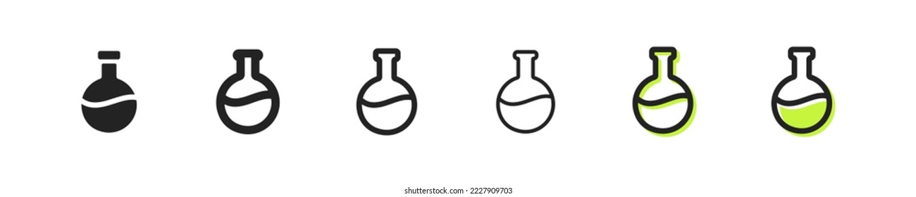 Icono conjunto de investigación de laboratorio. Matraz, hexágono, sustancia, red neural, molécula de ADN, tubo de ensayo, genética, átomo, magnificador, teléfono, libro. Concepto tecnológico. Icono de línea de vector