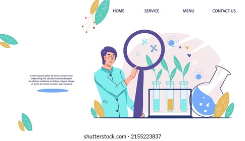 Laboratory research and study of new agricultural technologies website mockup. Webpage for plant breeding methods and genetic modification, flat vector illustration.