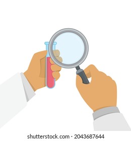 Investigación de laboratorio, pruebas o estudio del concepto de virus. Medicina medica sosteniendo el tubo de prueba y la lupa en las manos. Experimento científico o laboratorio de química. Ilustración vectorial, diseño plano. EPS 10