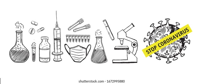 Laboratory research vector hand drawn icons set. Coronavirus.