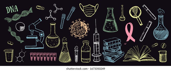 Laboratory research vector hand drawn icons set. Coronavirus, dna, blood test. 