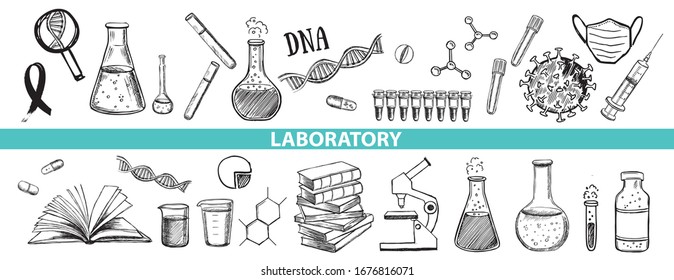 Vektorillustration der Laborforschung handgezeichnete Symbole. Coronavirus, DNA, Bluttest. 