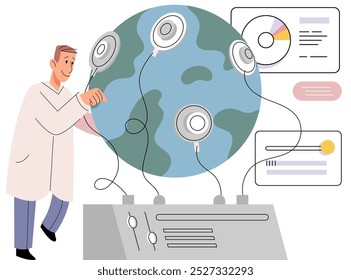 Pesquisa laboratorial. Ilustração vetorial. O estudo realizado em laboratório contribui para o nosso entendimento do mundo natural Os avanços tecnológicos permitem que os pesquisadores ultrapassem as fronteiras do laboratório