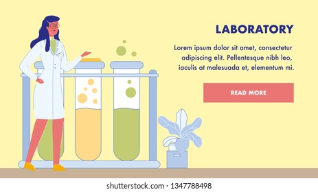 Laboratory Research Vector Landing Page Template. Tubes with Liquid, Chemicals. Scientific, Diagnostic Laboratory. Biotechnology. Scientist, Biochemist Character. Lab Testing. Treatment Development