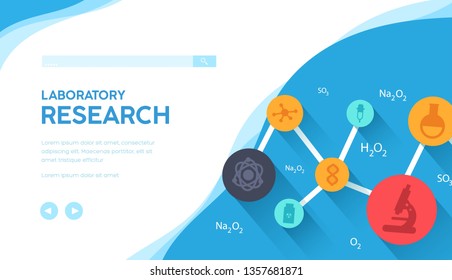 Laboratory research vector landing page template. Molecular biology, chemistry, biotechnology web banner layout design. Medical, scientific lab website homepage. Chemistry courses illustration