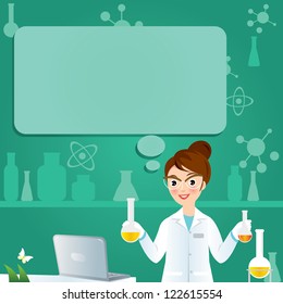 Laboratory researcher - Isolated scientist woman in lab coat with chemical glassware