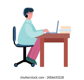 Laboratory researcher or scientist typing on laptop, cartoon flat vector illustration isolated on white background. Laboratory specialist male character.