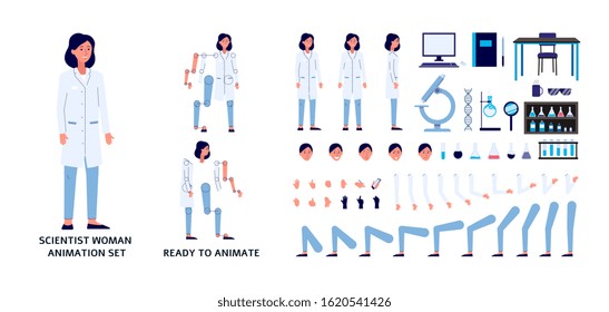 Laboratory researcher or scientist woman with laboratory equipment, animation character constructor set. Flat cartoon vector illustration isolated on white background.